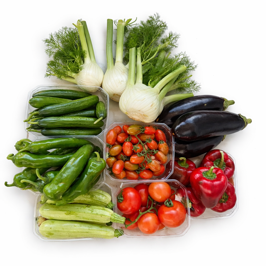 כ־1.5 ק״ג מהמוצרים: עגבניות, מלפפון, שומר, גמבה וחציל.ㅤㅤㅤㅤㅤㅤㅤㅤㅤ וכ־1 ק״ג מהמוצרים: עגבניות שרי, פלפל חריף וקישוא.